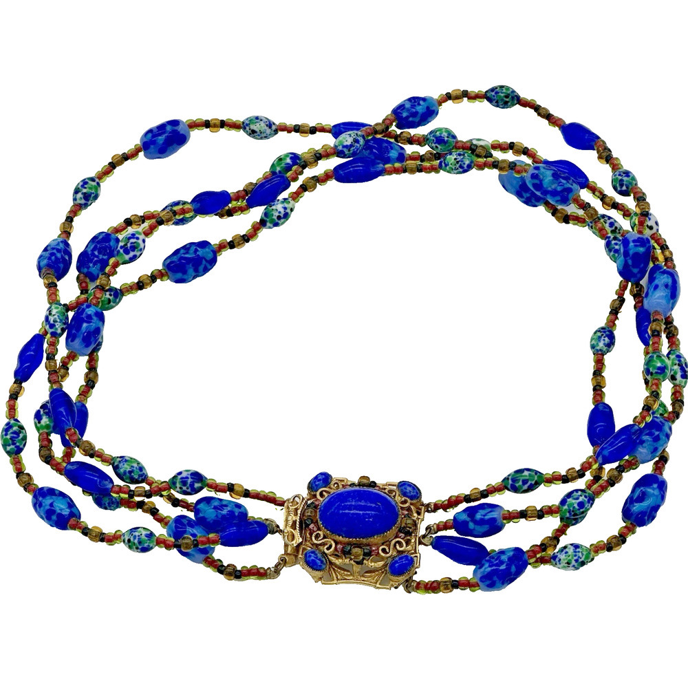 VTG Hattie Carnegie Blue Glass Beads Cabochon Center Necklace Choker Signed Rare
